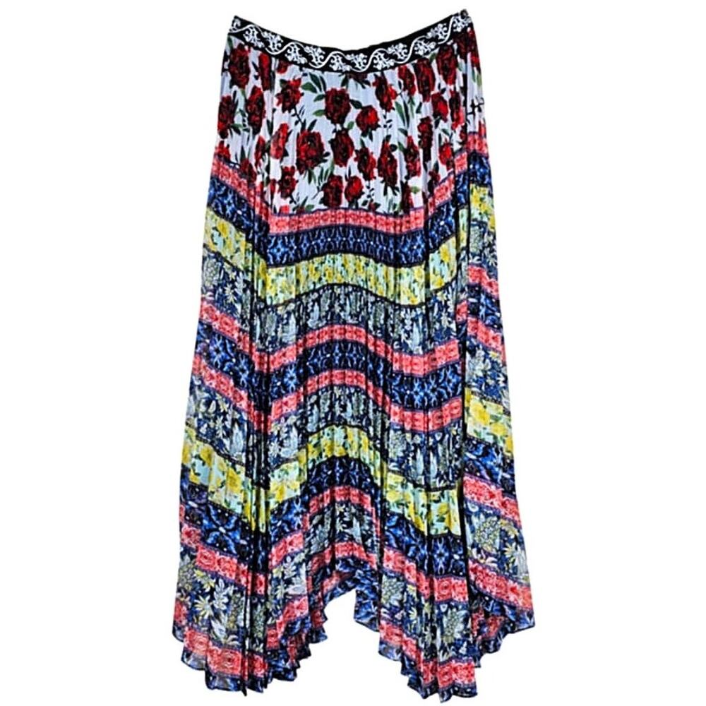 NWT Alice + Olivia Katz Embroidered Waistband Pleated Maxi Skirt $495 Size 14/XL